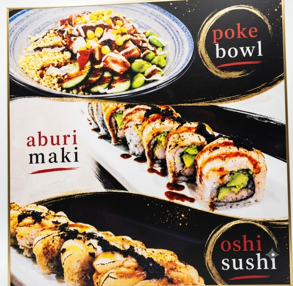 Duo Sushi poke bowl, aburi maki and oshi sushi menu display