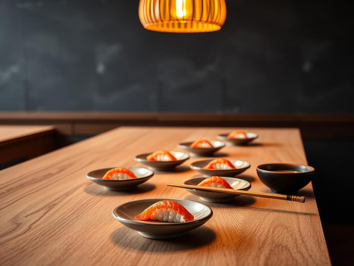 Light oak counter with ceramic plates